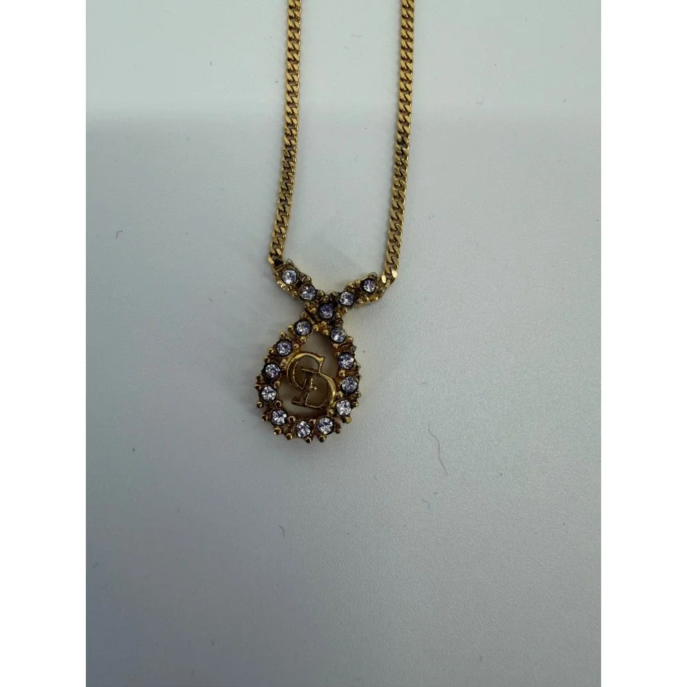 Authentic Vintage Dior Crystal Logo Pendant Necklace Gold Tone Designer Jewelry